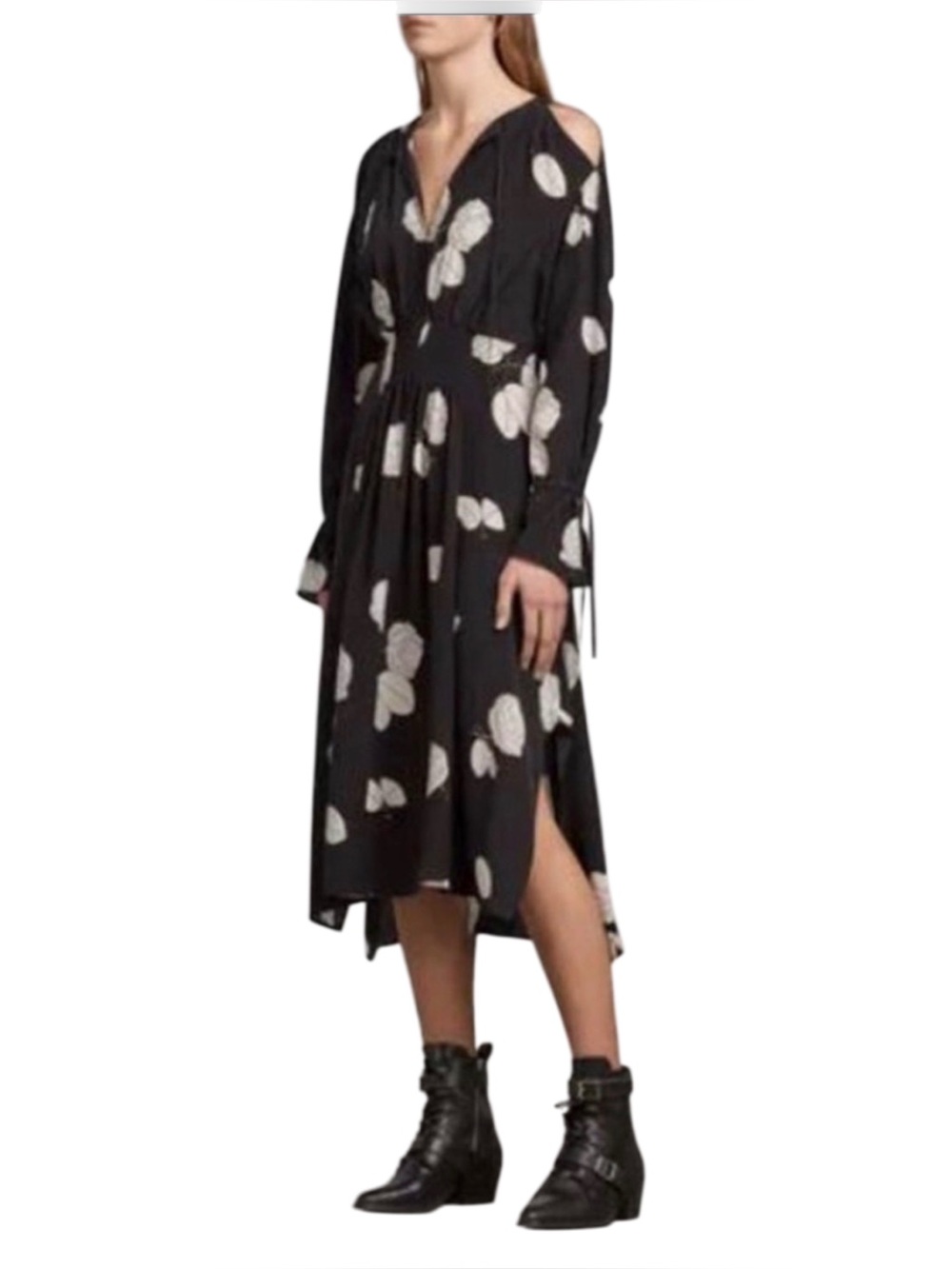 AllSaints Lavete Rodin 100% Silk Cold Shoulder Floral Midi Dress — Size S